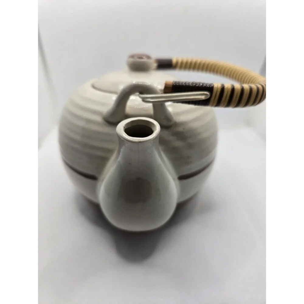 Studio Art Pottery Teapot Stoneware Rattan Handle Cream Glaze Vintage Japan